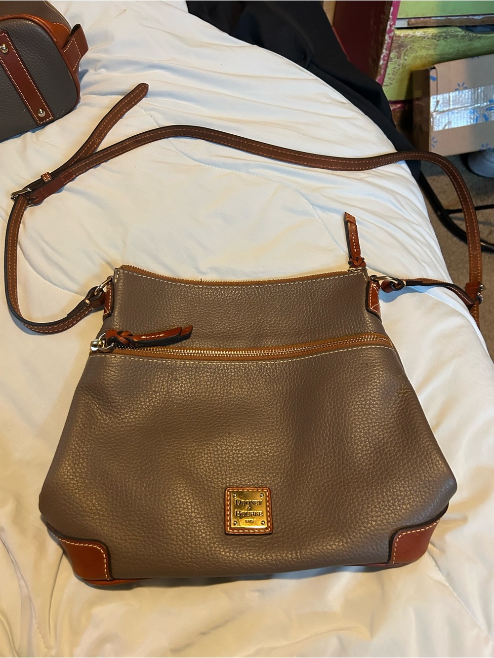 Dooney & Bourke Taupe Pebbled Crossbody with Brown Trim